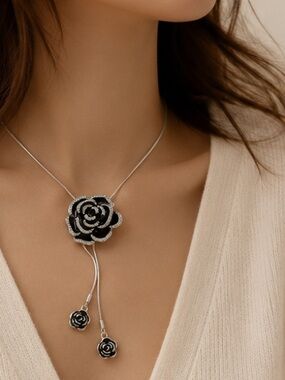 Designer Inspired Black Rose Crystal Lariat Necklace